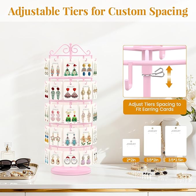 EsLuker.ly Earring Holder Organizer Rotating Display Tree Stand, Adjustable Height Earring Card Hanger Rack with 50 Hooks for Vendors Market Selling, 5 Tier Metal Jewelry Storage Tower, Pink
