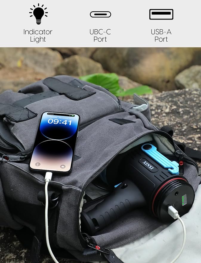 XINXI Rechargeable Spotlight with 1000000 Lumens COB Floodlight, IP67 Waterproof Spotlight Flashlight,Long Runtime Handheld Spot Light with Red Filter for Hiking, Boating, Hunting(Black)