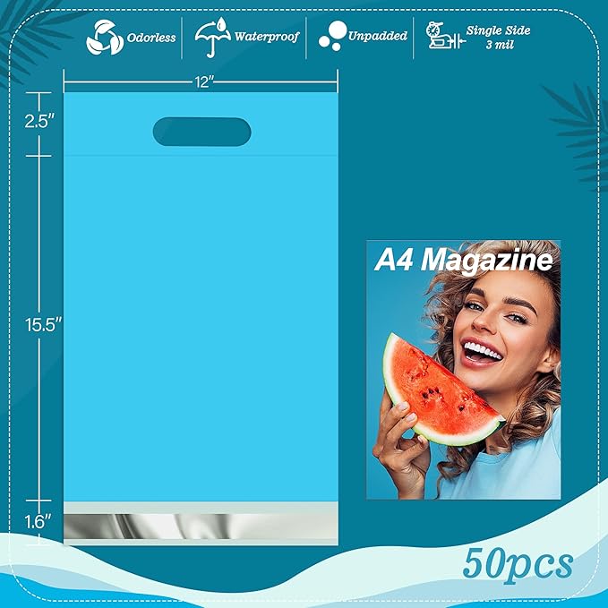 JinRuiKJ Poly Mailers with Handle 12x15.5 Inch 50 Pcs, Easy to Carry Packaging Bags for Small Business, Thank You Shipping Bags with Self Adhesive Strip, Tearproof and Waterproof - Blue