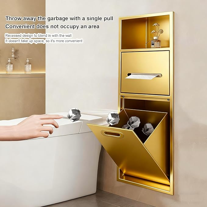 Stainless Steel Shower Nich, 25.4X11.2IN Recessed Waterproof Bathroom Niche, Built-in Trash Can Alcove, Toilet Paper Toiletries Storage Rack for Kitchen Living Room Bedroom Hotel Residential
