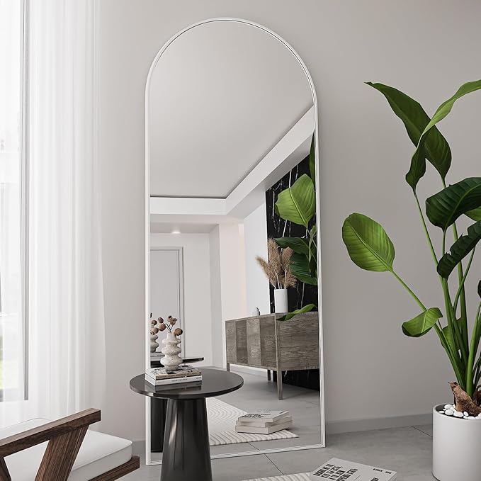 TinyTimes Full Length Mirror, 71''x30'' Floor Mirror with Stand, Arched Wall Mounted Mirror, Large Full Body Mirror with Aluminum Frame Hanging or Leaning for Bedroom, Living Room, Cloakroom (White)