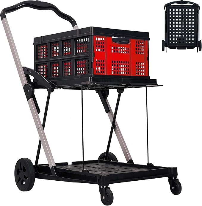 Heavy-Duty 2-Tier Collapsible Shopping Cart with Wheels – Portable Collapsible Utility Trolley – Removable Storage Crate, 198 lb Capacity, Lightweight – Ideal for Groceries, Home, Supermarkets – Red