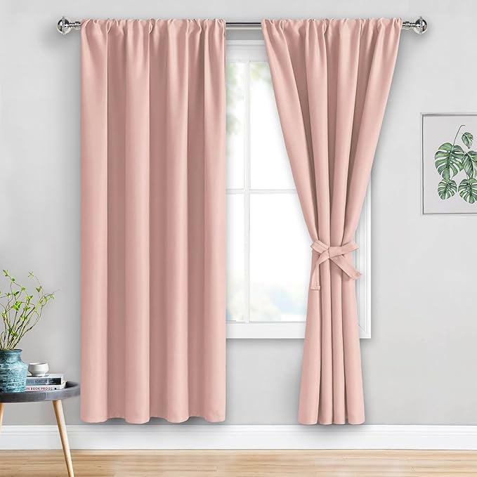 JIUZHEN Blackout Curtains for Bedroom - Thermal Insulated Room Darkening Rod Pocket Curtains for Living Room, Set of 2 Panels with Tiebacks, 52 x 72 Inch Length, Blush Pink