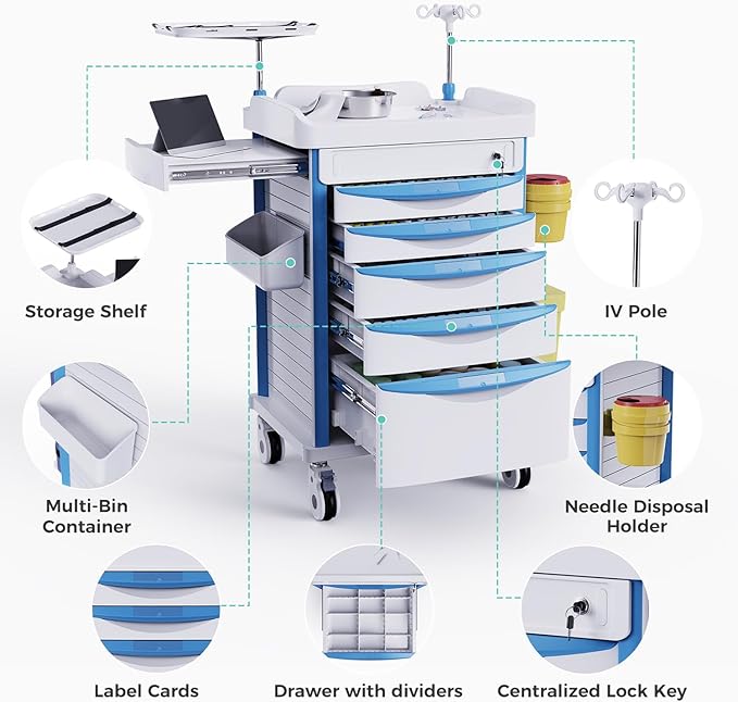 Adjustable Rolling Medical Storage Crash Cart - Includes Silent Casters, IV Pole, Needle Disposal Holder, Trash Bin & O2 Holder - Ideal Nursing Trolley for Clinics, Hospitals