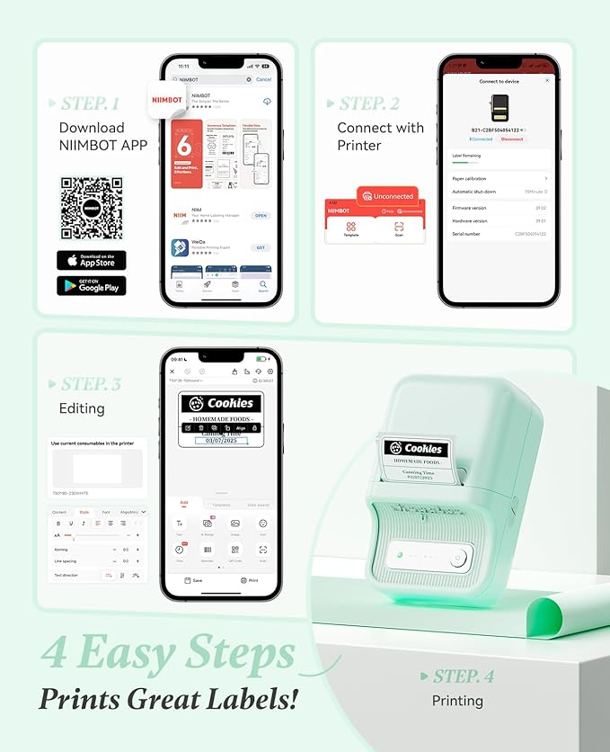 NIIMBOT B21 Label Printer,Bluetooth Thermal Label Maker,Ideal for Home Organization,Business,Ofice,50x30mm Labels(Mint Green)