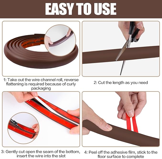 Floor Cord Cover Self Adhesive Cord Hider,10FT Cable Management, Extension Strip Protector for Wires, Prevent Cable Trips for Offices, Gyms, Exhibitions Cavity:0.47"(W) x 0.35"(H) Coffee