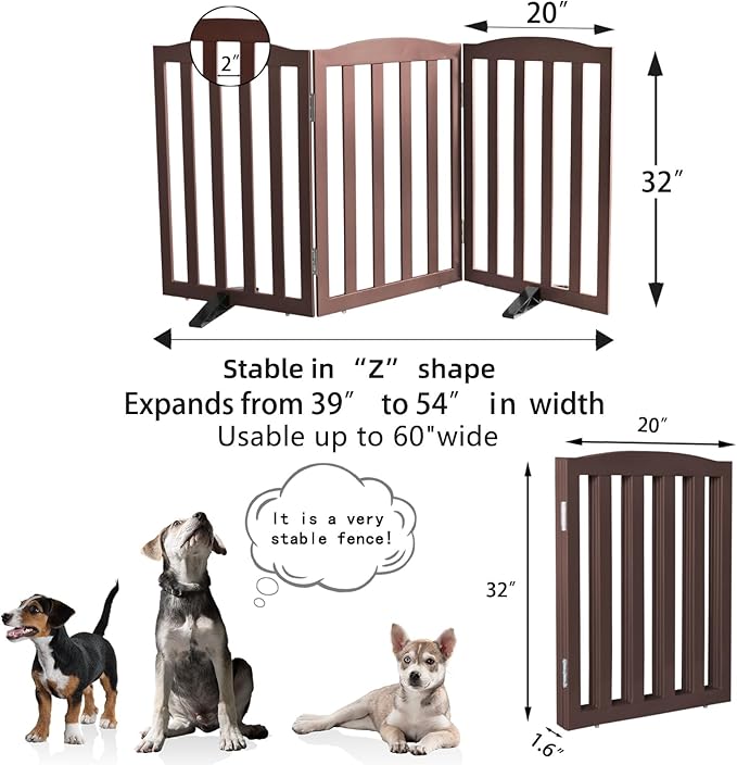 Freestanding Dog Gate Indoor,Doggie Gate Foldable Pet Gates for Doorways,Stairs or Hallways, Wooden Brown Pet Gate for The House, Pet Fence with Support Feet Included,32 "Height-3 Panels