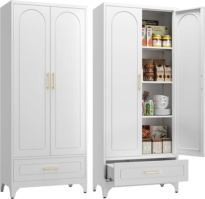 Metal Storage Cabinet with Drawers,75Inch White Pantry Cabinets for Kitchen Storage with 3 Adjustable Shelves,Tall Kitchen Pantry Cabinet for Living Room, Dining Room Office