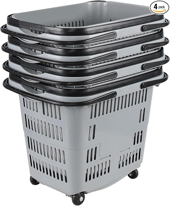 4 PCS 50 L/ 13 Gal Shopping Carts, Gray Plastic Rolling Shopping Baskets with Handles and Wheels, Portable Shopping Basket Set for Retail Store, 50 L