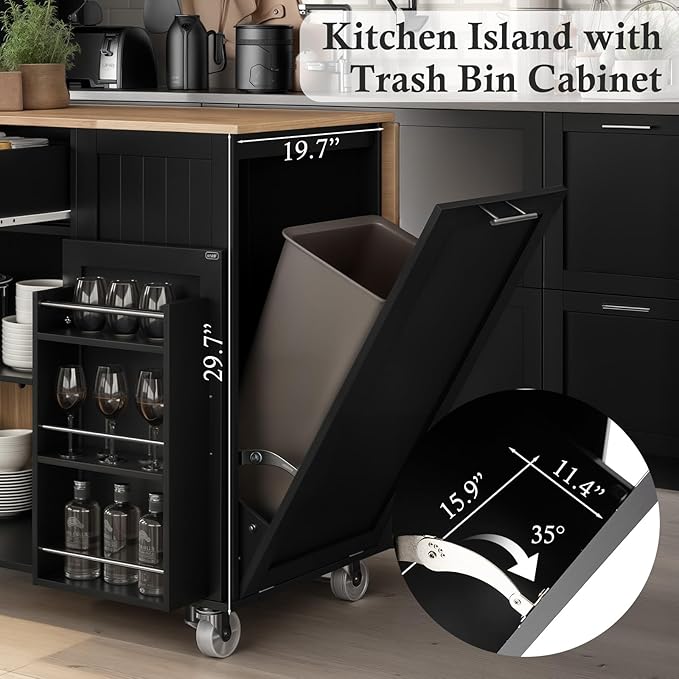 43.3" Rolling Kitchen Island Cart with Drop Leaf & Storage - Mobile Kitchen Organizer with Wheels, Rubberwood Top, Trash Bin Cabinet & Towel Rack, Farmhouse Style for Small Spaces Black