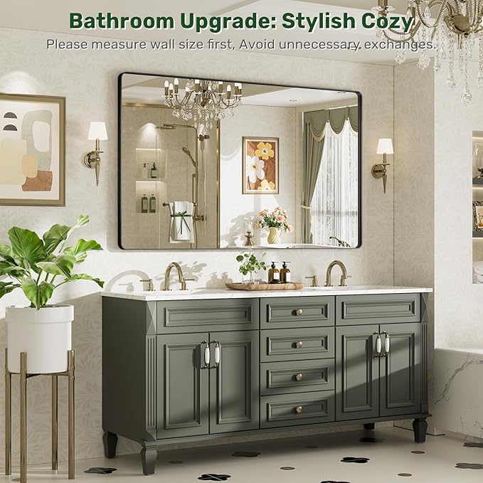 60X36 Black Bathroom Mirror for Over Sink, Metal Framed Vanity Mirror Wall Mounted, Rectangle Mirror for Bedroom Living Room Restroom Entryway, Anti-Rust, HD Tempered Glass