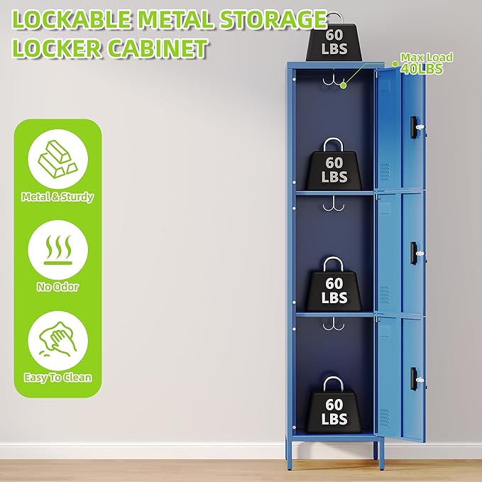Aobabo 16" W 3 Door Metal Storage Locker with Lock, 66" H Steel Locker with Name Card Holder and Metal Leg for School, Home, Office, Playroom, Assembly Required, Blue
