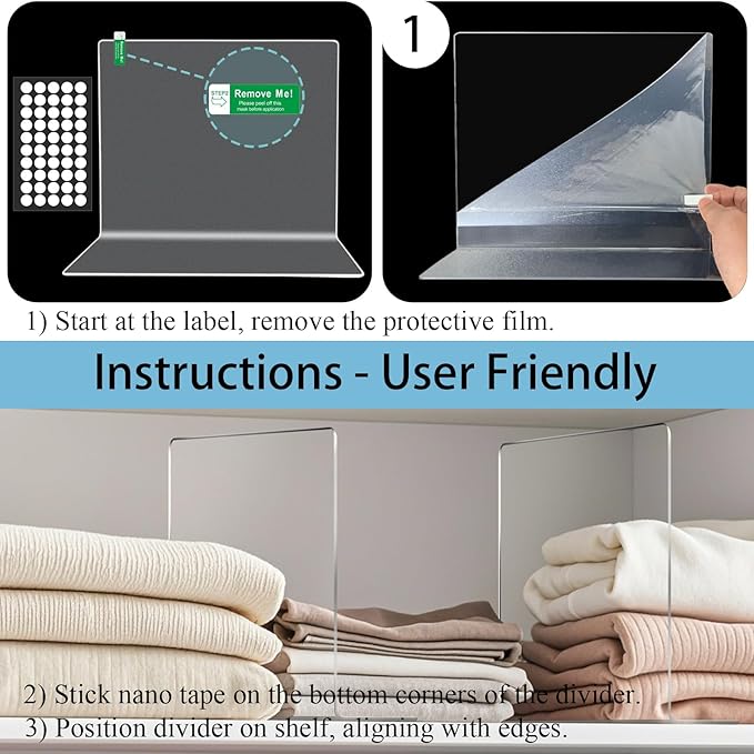 Acrylic Shelf Dividers for Closet Organization: 10" Tall Clear Closet Dividers for Shelves - Free-Standing Shelf Separators for Clothes Sweater Purse