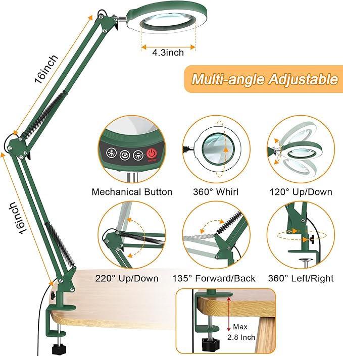 12X Large Magnifying Glass with Light and Clamp, Real Glass, 5 Color Modes, Stepless Dimmable, 2 x 16 Inch Adjustable Swing Arm Stand Desk Lamp, LED Lighted Magnifier Hands Free for Close Work - Green
