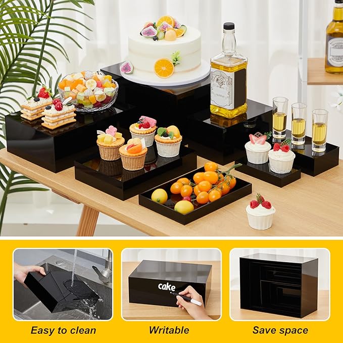 Leinuosen 7 Pcs Large Buffet Risers Set 6" to 12" Acrylic Display Box Catering Dessert Table Riser Food Display Decorative Stand with Hollow Bottom for Catering Supplies(Black, Rectangle)