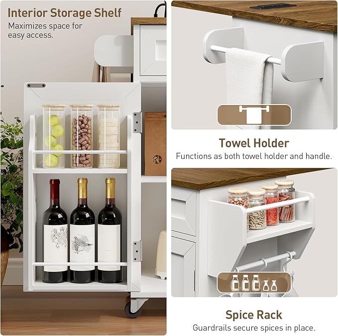 Kitchen Island with Power Outlets & Drop Leaf, Kitchen Cart with Storage, Drawer and Spice Rack, Tower Rack, Island Table, White and Walnut