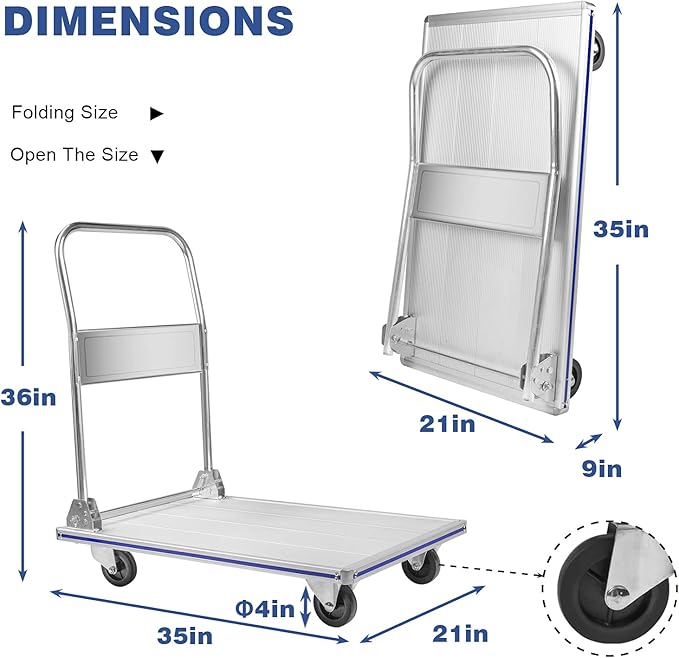 LEADALLWAY Platform Truck 35" Lx21 W Large Size Foldable Push Cart Dolly Aluminum Heavy Duty 800lbs Capacity
