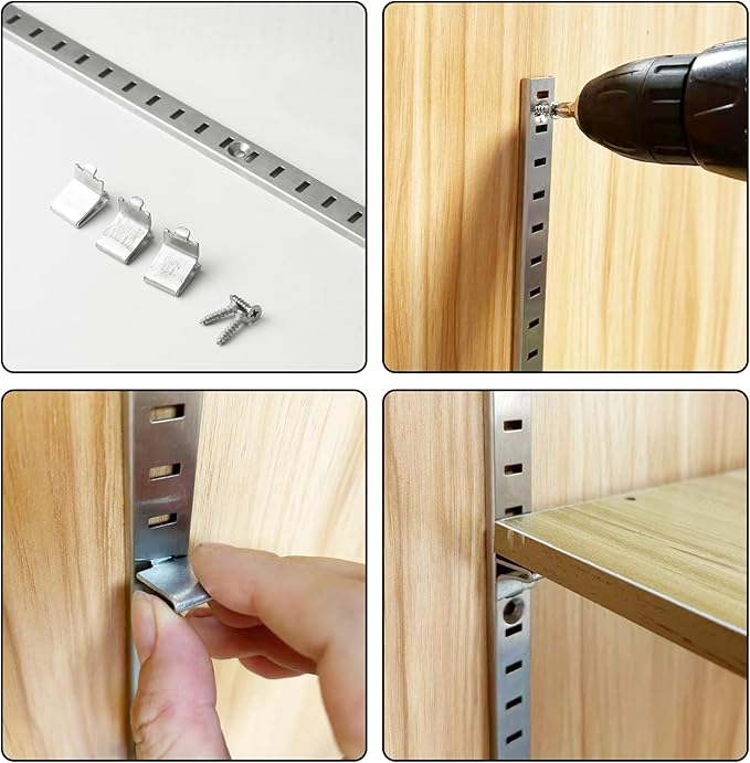 Bueyfolt 17Inch 8 Pcs Pilaster Shelf Brackets, Adjustable Mortise Mount Shelf Rails with Screws for Wall Shelving System