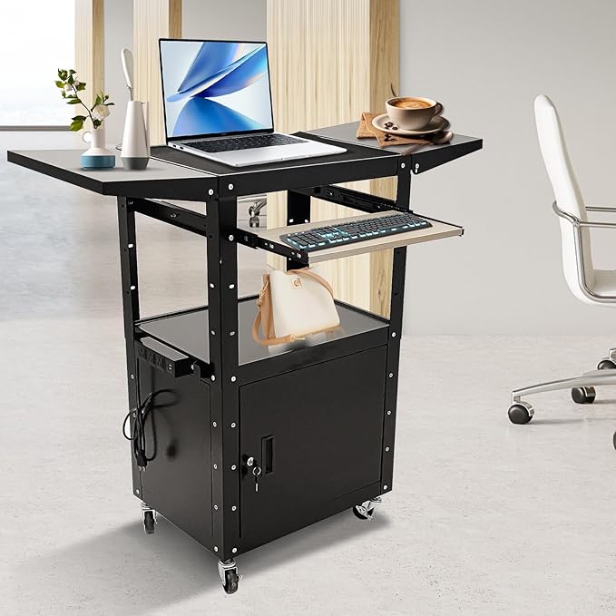 AV Cart, Steel AV Cart with Locking Cabinet and Pullout Keyboard Tray, Adjustable-Height Rolling Media Cart with Wheels & Power (43”x18”x43”)