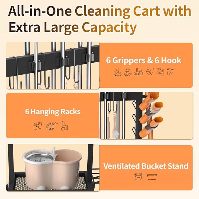 Cleaning Supplies Organizer with Broom Holder Load 150 LBS Cleaning Cart with Wheels Broom Closet Storage with 6 Mop Hanger Grippers, 3 Double-Hooks, Vacuum Stand for Laundry Room Organization, Black