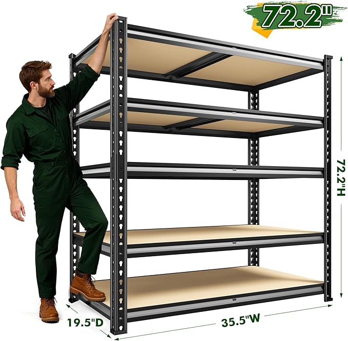 72.2" H Garage Shelves 2230LBS Storage Shelves, 5 Tier Adjustable Metal Shelving, Heavy Duty Shelving for Storage, Basement, Warehouse, Pantry, Kitchen, 35.5" W x 19.5" D x 72.2" H, Black, 2 Pack