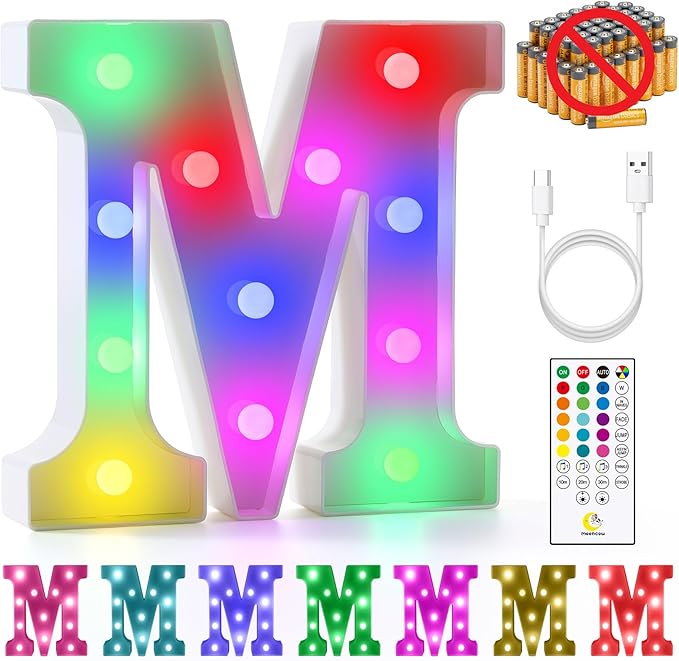 mooncow Rechargeable Light Up Letters,Colorful Marquee Letters with Remote,Gift Wrap Gifts,Bedroom Home Bar Party Decor (M)