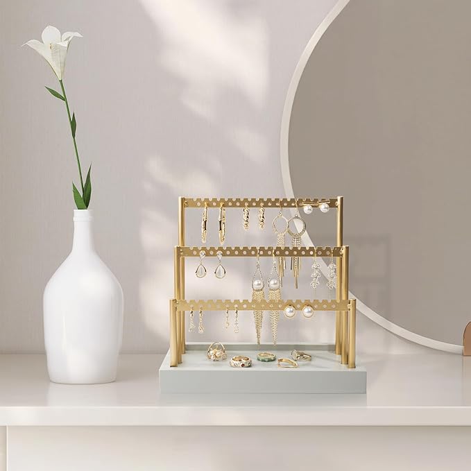 SANY DAYO HOME 3-Tier Earring Holder Organizer Stand, 105 Holes Gold Metal Earring Rack Jewelry Display Tree with Gray Wood Tray for Women and Girls
