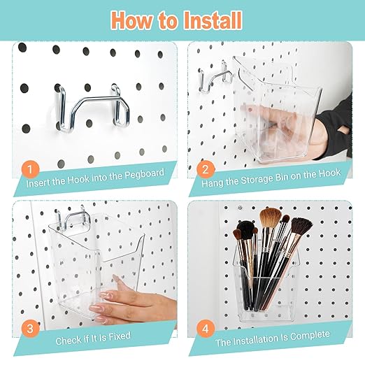 8 Pack Large Pegboard Bins with Hooks, Square Box Shape Peg Board Cups and Peg Board Accessories for Craft Room, Playroom, Office, Garage, and Wall Mount Organization
