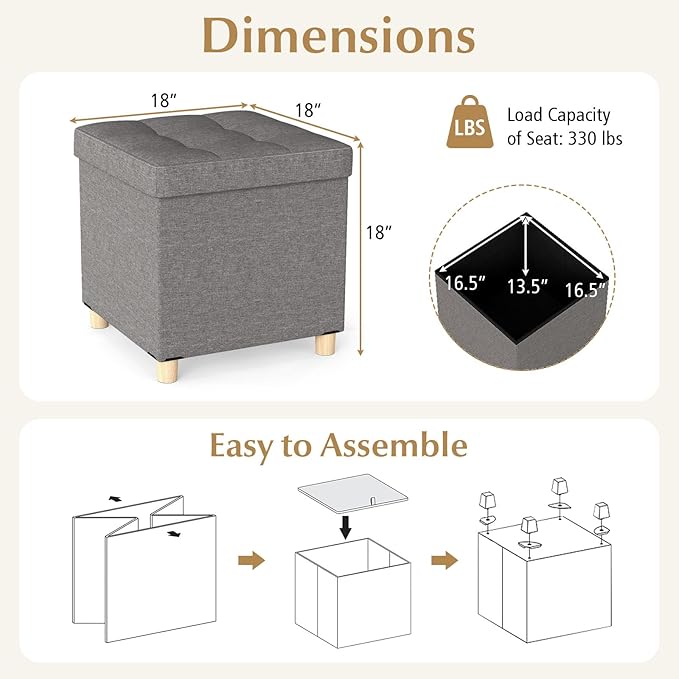 GOFLAME 18 Inches Storage Ottoman, Linen Fabric Cube Footstool with Rubber Wood Legs, Side Table with Flip Top Tray, Square Foot Rest Stool, Shoe Changing Stool for Living Room, Bedroom, Entryway