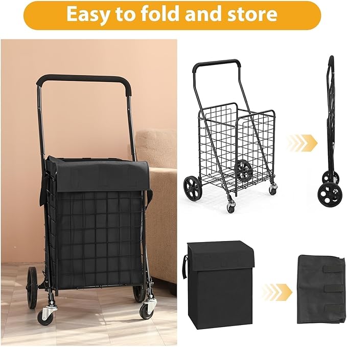 Folding Shopping Cart for Groceries, Grocery Cart with Waterproof Liner and 360° Swiveling Wheels Collapsible Shopping Carts for Condo Laundry Transport Trip