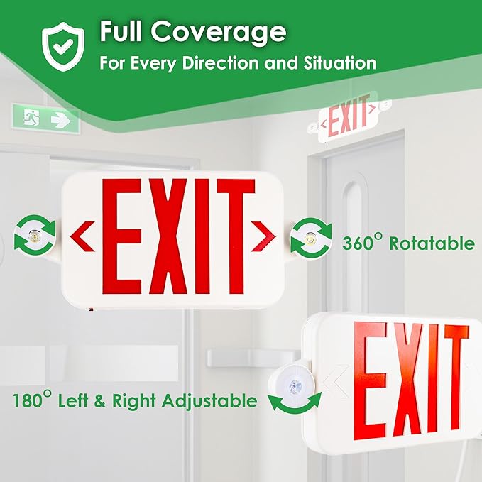 Gruenlich LED Exit Sign Combo with Emergency Lights, Adjustable Heads, Battery Backup, UL 924 Qualified, AC 120-277V, Commercial Emergency Exit Light for Business- 6 Pack