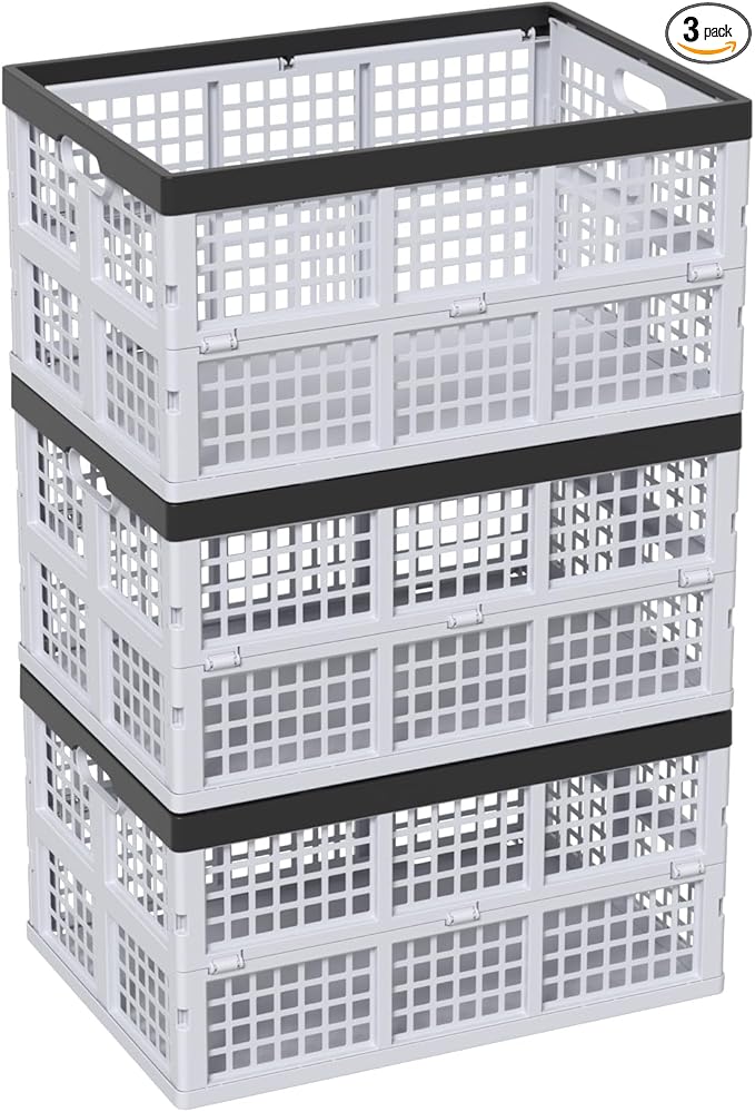 Pack of 3 Collapsible Storage Container Crates, Large Folding Basket Box with Handle, Grey, 42 L