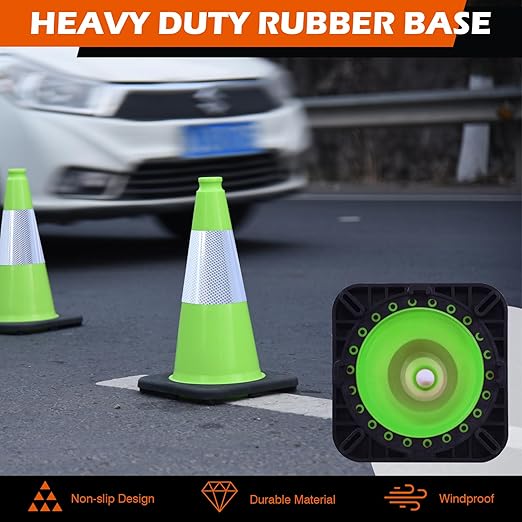 8 Pack 18 Inch Green PVC Traffic Cones Black Base Stable Durable, Parking Lot Driveway School Training Safety Cones Multi-Purpose (8, Green, 18 Inch)