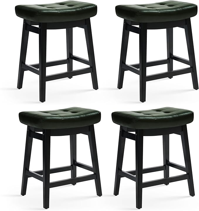 Counter Height Bar Stools Set of 4 for Kitchen Counter Farmhouse Modern Barstools with Faux Leather Upholstered Backless Seat and Solid Wood Legs 24 inch Bar Chairs, Green + Black