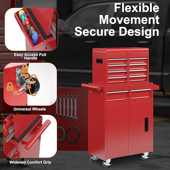 5-Drawer Tool Chest, Rolling Tool Storage Cabinet with Detachable Top Tool Box, Enhanced Packaging, Metal Tool Cart for Garage Workshop, Red