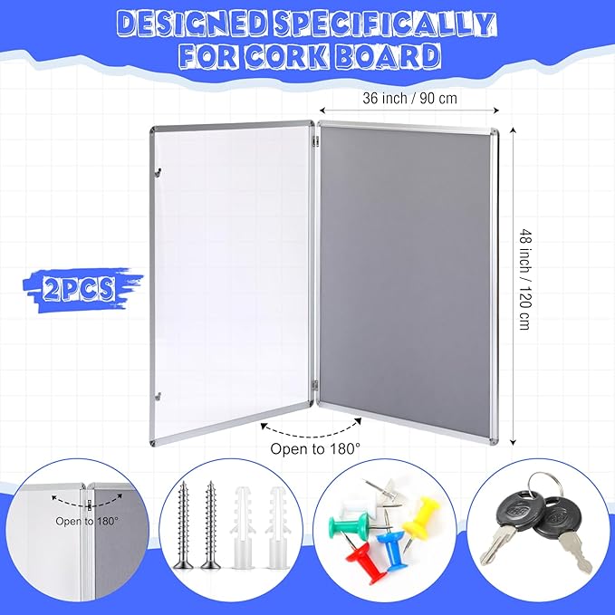 Suzile 2 Pcs Gray Enclosed Bulletin Board Lockable Cork Case Notice Board Aluminum Framed Waterproof Locking Cabinet with Mounting Screws for School Class Office Wall Display Pictures 48x36 Inch