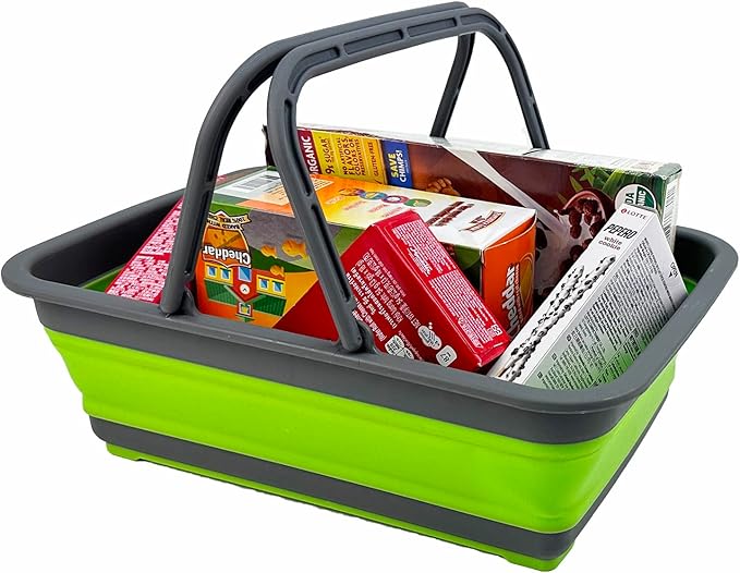 SAMMART Collapsible Basket with Handle 8L (2.1 Gallon) - Portable Outdoor Picnic Basket/Crate - Foldable Basin for Washing Dishes,Camping,Hiking (Grey/Green)