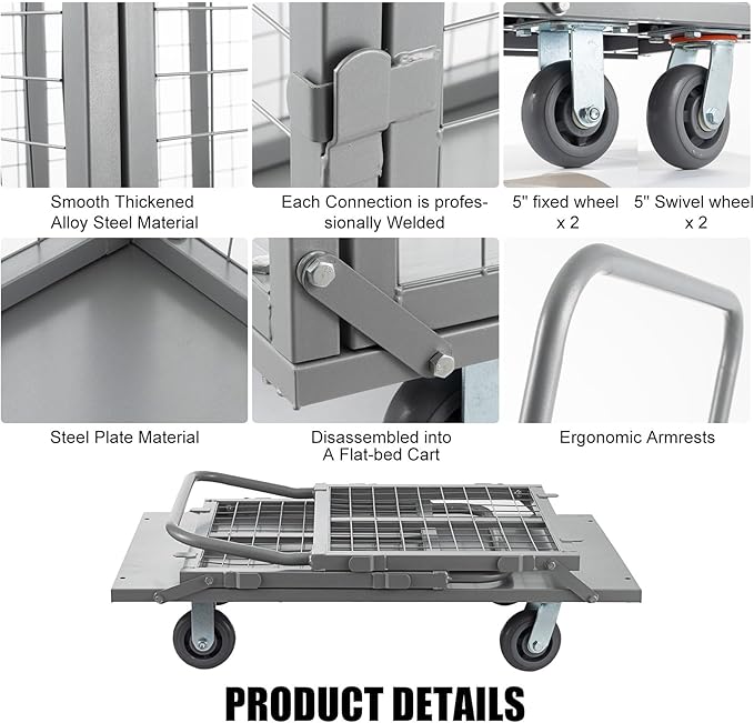 Platform Truck Cart with Cage, 5 in 1 Heavy Duty Platform Carts with Cage 2000 LBS Capacity Foldable Push Cart Dolly with 5" Casters for Groceries/Garage/Warehouse