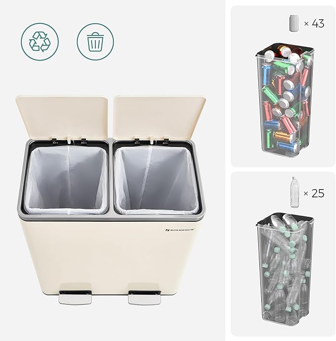 SONGMICS Trash Can, 2 x 8 Gallon (2 x 30 L) Garbage Can for Kitchen, with 15 Trash Bags, 2 Compartments, Plastic Inner Buckets and Hinged Lids, Airtight, Almond Color ULTB201A01
