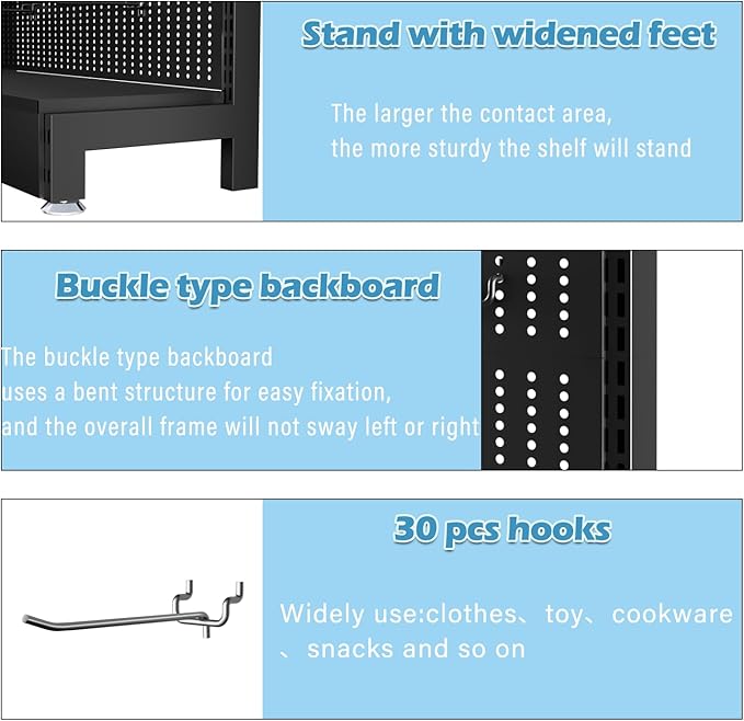 Metal Pegboard Shelf - Peg Board Display Stand with 30 Hooks, 85x36x13 in, Portable Garage Pegboard Organizer Retail Display Rack for Craft Shows,Kitchen Decoration, Mobile Phone Shop/Black