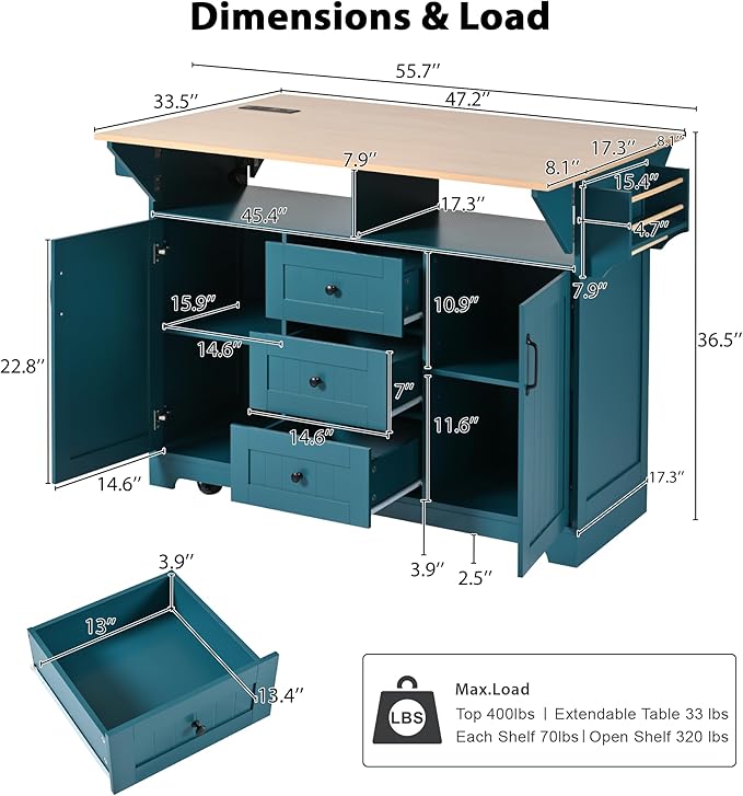 Merax 55.7" Large Kitchen Cart Island on Wheels with 2 Drop Leaf,Power Outlet,3 Drawers,Wood Cabinet for Dining Room