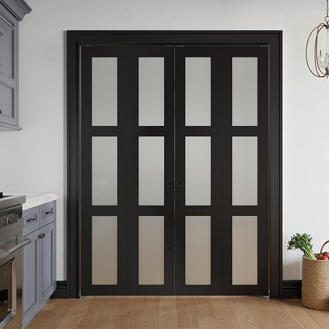 Bifold Doors for 64" x 80" Opening, 3-lite Tempered Frosted Glass Closet Folding Doors with Hardware kit Included, Easy Assembly, Black
