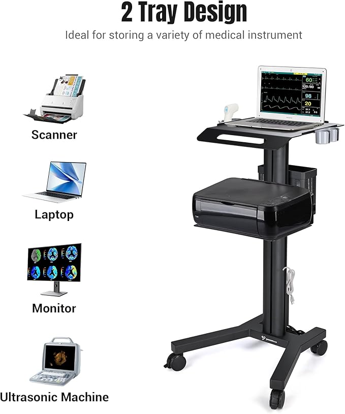 Yescom Mobile Laptop Cart Rolling PC Stand Computer Workstation on Wheels with Handle 220 Lbs Capacity CPU Printer Power Strip Holder for Lap School Office Salon Spa Dental