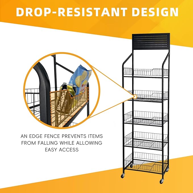5 Tier Snack Rack Display Stand - Retail Display Shelves with Top Pegboard, 15 Hooks, Bakery Display Rack on Wheels for Easy Mobility and Organization (5 Tier - Black)