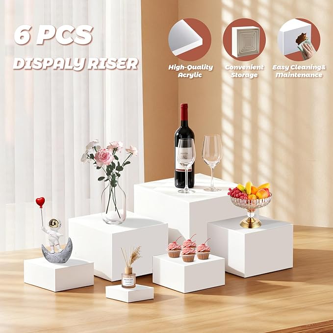 6Pcs Buffet Risers with Mini Sign and Maker, Acrylic Food Risers for Buffet Table, Catering Dessert Cake Stand for Party, Collectibles Jewelry Display Stand, White Cube Boxes Nesting Risers(10",9",8",7",6",5")
