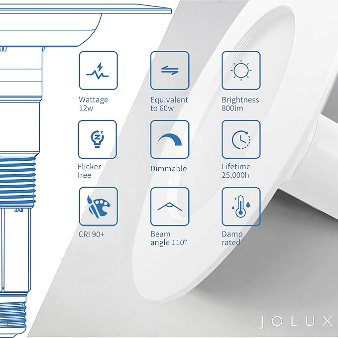 Jolux 4-Pack 5/6" Retrofit LED Recessed Lighting,60W,5000K Daylight,800 Lumens,Dimmable,Led Replacement can Lights,Simple Installation Adjustable Retrofit Downlight,ETL,E26 Base,Bevel Trim