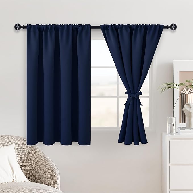 JIUZHEN Short Blackout Curtains for Small Window - Cafe Room Darkening Privacy Thermal Insulated Half Window Curtains Tiers for Bathroom,Kitchen, W 42 x L 36, Set of 2 Panels with Tiebacks, Navy Blue