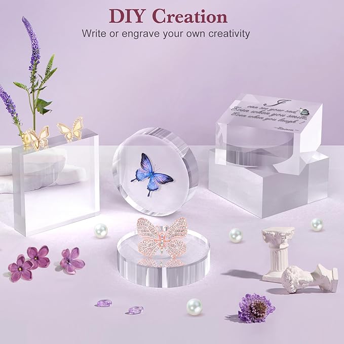 Acrylic Base Stand 4 Pieces Acrylic Blocks for Display 4 X 4 X 2 Inch Clear Polished Block Square Cube Riser Display Pedestal Stands for Jewelry Perfume Ring Collection Props Cake