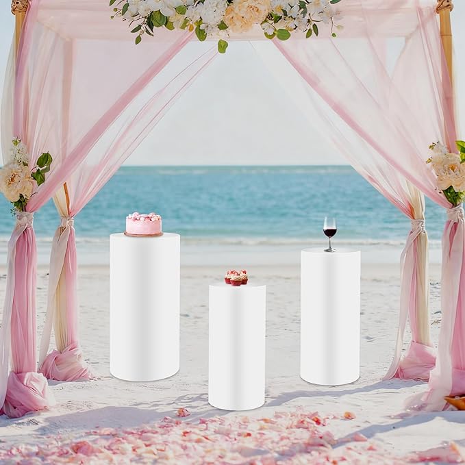 OUKANING 3 PCS Metal Display Pedestal Stands, Cylinder White Display Stands Pillars, Decoration Cube Sculpture Display Column for Wedding Party Baby Shower Birthday, H27.56'', 26'', 23.62''