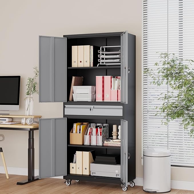 73" Metal Garage Storage Cabinet with Wheels， Rolling Tool Storage with Locking Doors， Adjustable Shelves and Drawer, Heavy Duty Steel Tool Cabinet for Garage, Warehouse, School(Black Grey)